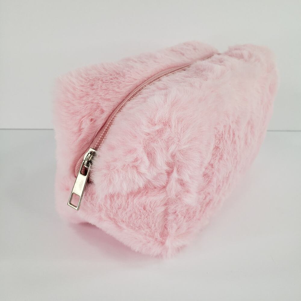 Pink Faux Fur Cosmetic Makeup Bag Pouch Furry Soft Sided with Zipper Closure